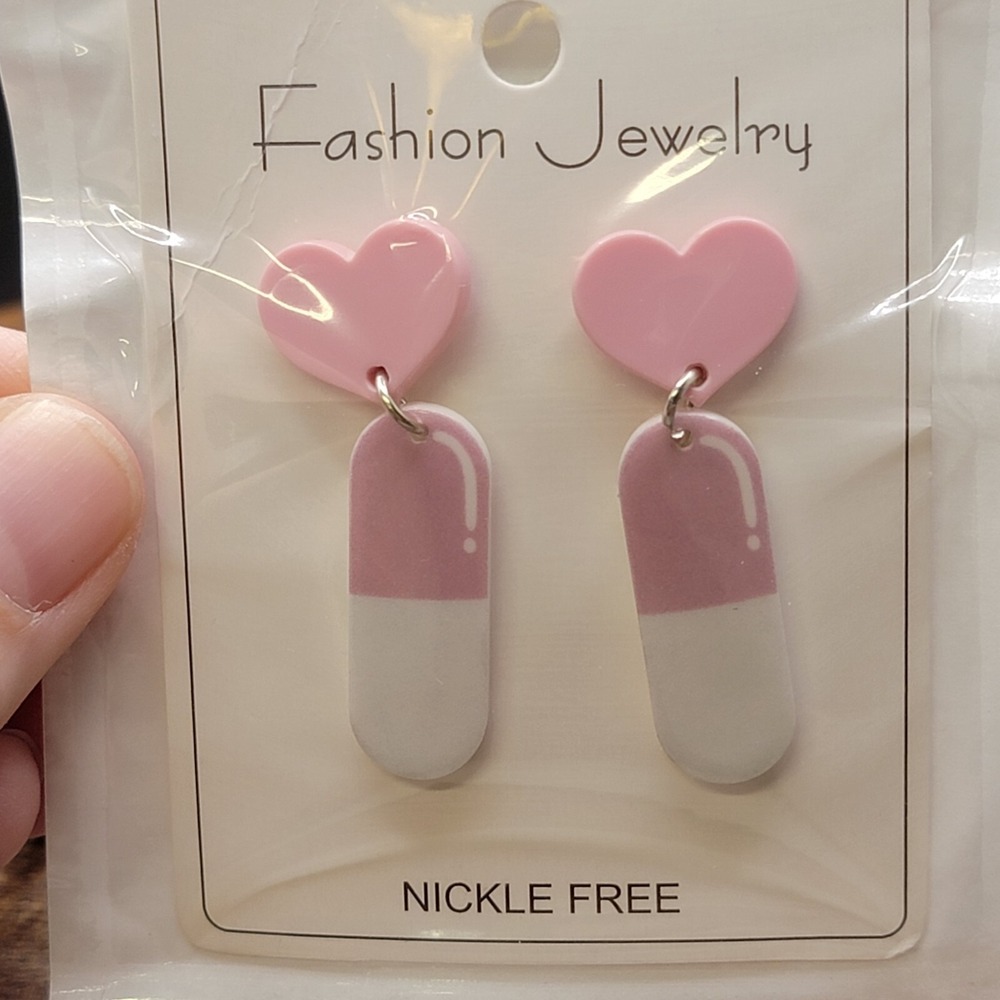 Adorable Pink Heart Pill Acrylic Earrings